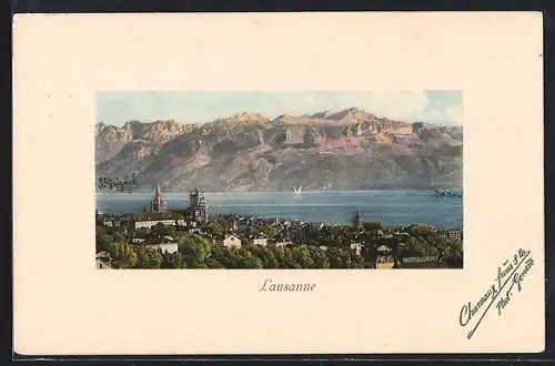 AK Lausanne, Ortsansicht mit Wasser- u. Bergblick aus der Vogelschau