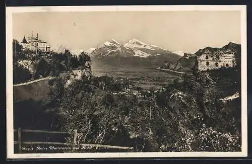 AK Ragaz, Ruine Wartenstein und Hotel mit Bergspitzen