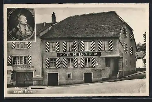 AK Boudry, Hotel du Lion d`Or mit Strasse, Portrait Marat