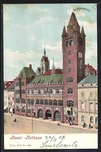 AK Basel, Rathaus mit Strasse aus der Vogelschau
