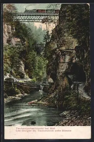 AK Biel, Taubenlochschlucht mit Strassentunnel, Fluss- u. Bahnbrücke