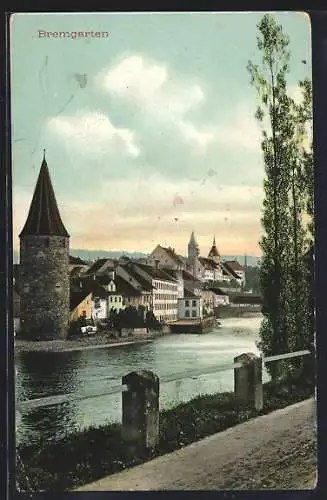 AK Bremgarten /AG, Ortspanorama mit Türmen von der Uferstrasse aus