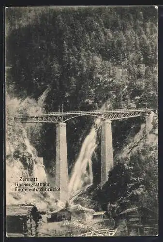 AK Zermatt, Gornergratbahn, Findelenbachbrücke mit Wasserfall