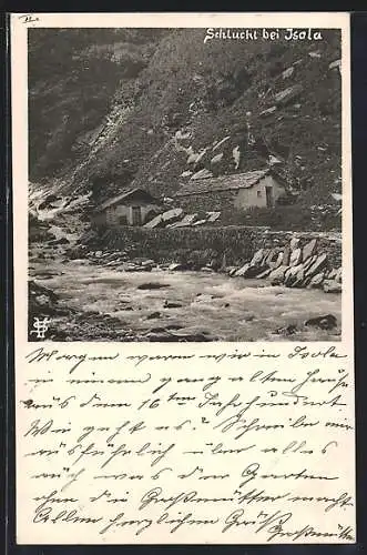 AK Bregaglia, Schlucht bei Isola, Gebäudeansicht mit Fluss