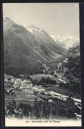 AK Pontresina, Ansicht der Ortschaft mit Val Roseg, Berge