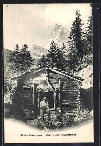 AK Zermatt, Holzhütte mit Besitzer gegen Matterhorn