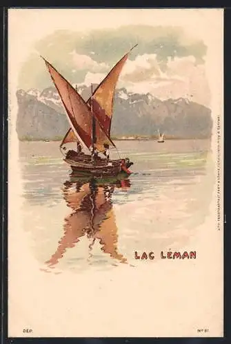 Lithographie Lac Léman, Seepartie mit Segelboot und Bergpanorama