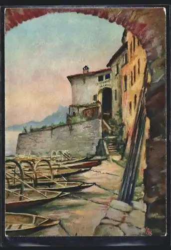 Künstler-AK Gandria /Lago di Lugano, Ortspartie am Hafen