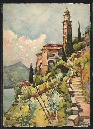 Künstler-AK Morcote, Ortsansicht mit Treppenaufgang u. Turm, Wasser- u. Gipfelblick