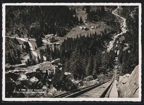 AK Hotel Handeck /Grimselstrasse, Ortsansicht mit Gelmerseebahnstrecke aus der Vogelschau