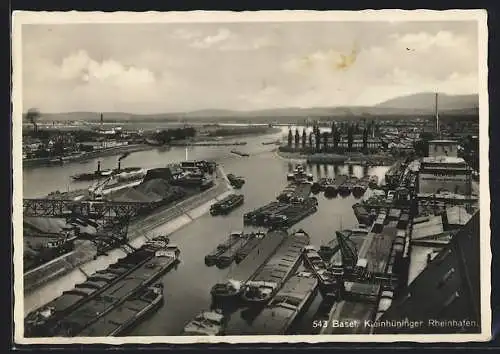 AK Basel, Kleinhüninger Rheinhafen aus der Vogelschau