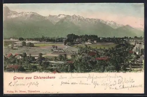 AK Thierachern, Panoramablick auf Ort und Alpen
