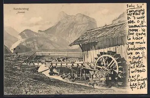 AK Kandersteg, Ortsansicht mit Gemmi und Wassermühle