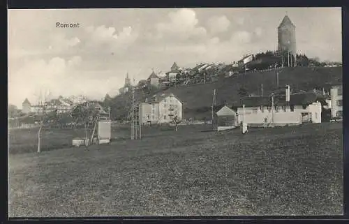 AK Romont /FR, Ortsansicht mit Turm