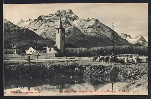 AK Sils, Kirche und Piz della Margna