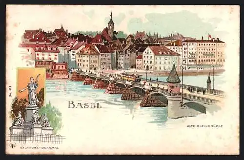 Lithographie Basel, Ortsansicht mit Alter Rheinbrücke, Strassenbahn