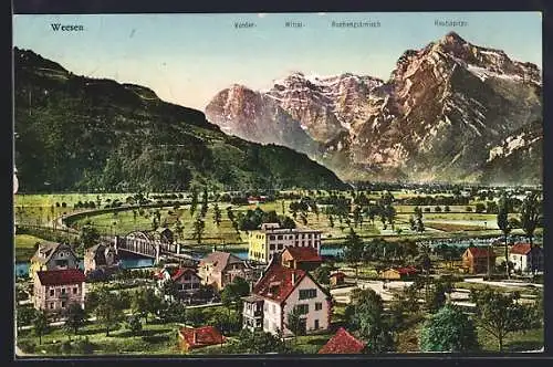 AK Weesen, Ortsansicht mit Brücke