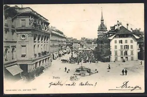 AK Bern, Strassenpartie mit Marktständen und Brunnen