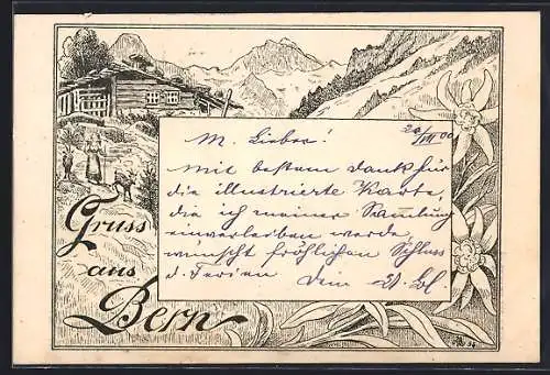 Künstler-AK Bern, Sennhütte und Edelweiss, Ziegenhirtin mit Ziegen