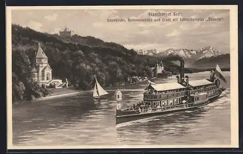 AK Starnberg, Votivkirche, Rottmannshöhe und Leoni mit Salon-Dampfer Bavaria