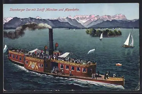 AK Salondampfer München auf dem Starnberger See, gegen Alpenkette