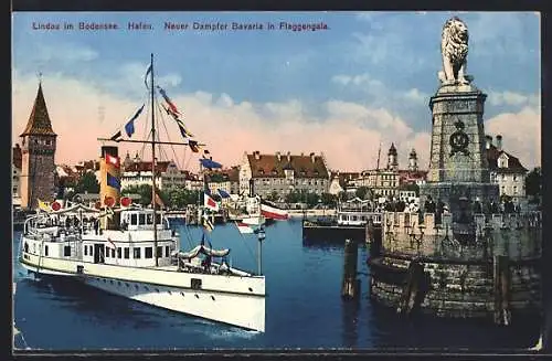 AK Lindau im Bodensee, Hafen, Neuer Dampfer Bavaria in Flaggengala