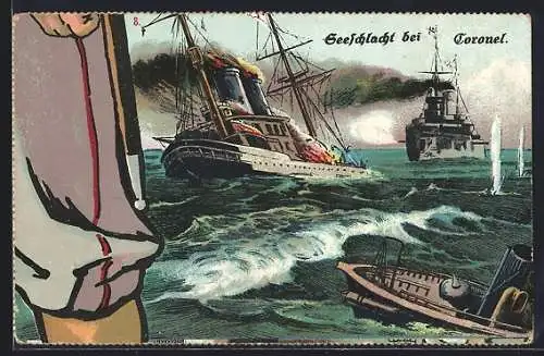 Künstler-AK Seeschlacht bei Coronel, Kriegsschiffe des Ostasiengeschwader
