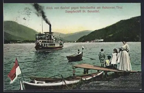 AK Achenkirch am Achensee, Blick von Seehof mit Dampfschiff St. Benedikt