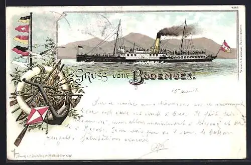 Lithographie Bodensee-Dampfer in voller Fahrt