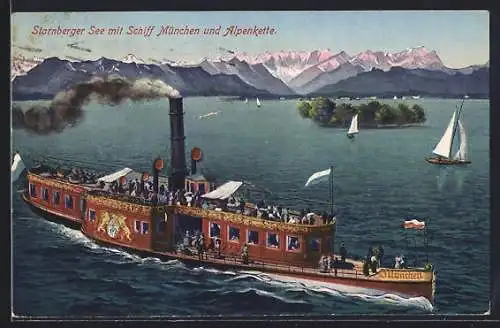 AK Salondampfer München auf dem Starnberger See, gegen Alpenkette