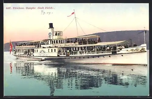 AK Dampfer Stadt Zürich auf dem spiegelglatten Zürichsee