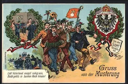 Künstler-AK A. Thiele: Gruss von der Musterung, Soldaten feiern ihre Musterung, Feldgeschütz, Wappen