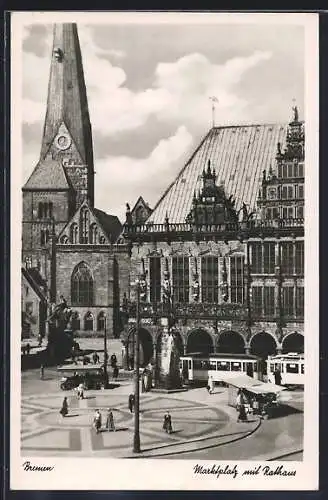 AK Bremen, Marktplatz mit Rathaus und Strassenbahn