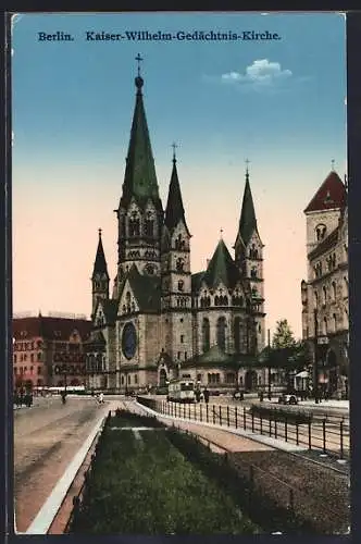 AK Berlin, Kaiser-Wilhelm-Gedächtnis-Kirche mit Strassenbahn