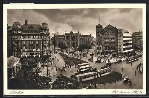 AK Berlin, Potsdamer Platz mit Geschäften und Strassenbahn