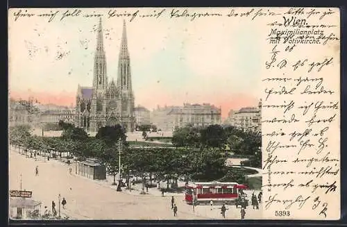AK Wien, Maximilianplatz mit Votivkirche und Strassenbahn