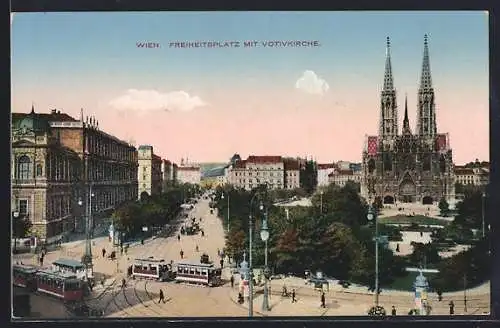 AK Wien, Freiheitsplatz mit Votivkirche und Strassenbahn