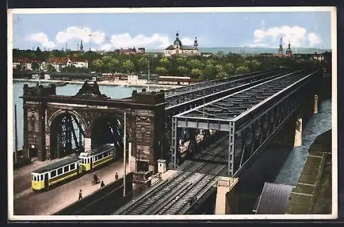 AK Mannheim, Rheinbrücken mit Strassenbahn