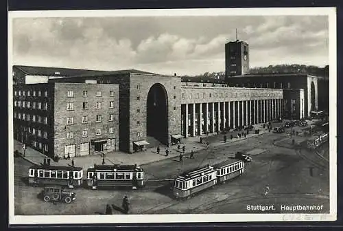 AK Stuttgart, Hauptbahnhof mit Strassenbahnen