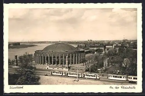 AK Düsseldorf, An der Rheinhalle mit Strassenbahn