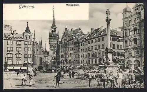 AK München, Marienplatz mit Strassenbahnen u. Pferdedroschken
