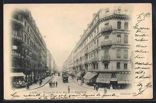 AK Lyon, Perspective de la Rue de la Republique, Strassenbahn