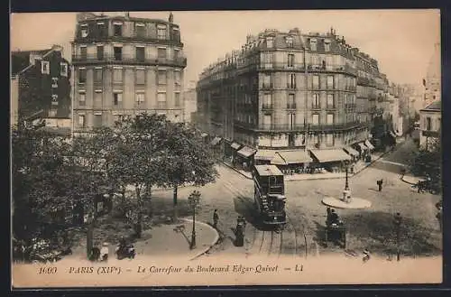 AK Paris, Le Carrefour du Boulevard Edgar Quinet, Strassenbahn