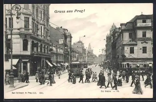 AK Prag, Graben mit Strassenbahnen