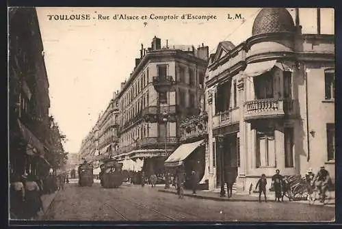 AK Toulouse, Rue d`Alsace et Comptoir d`Escompte, Strassenbahn