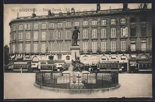AK Bordeaux, Statue Carnot, Strassenbahn
