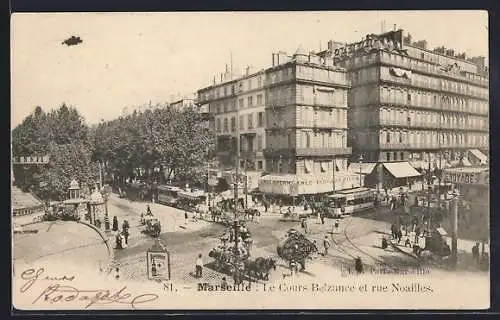 AK Marseille, Le Cours Belzunce et rue Noailles, Strassenbahn