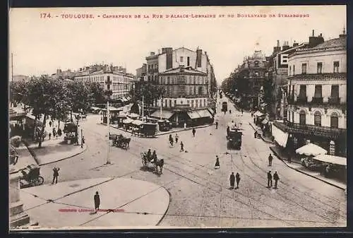 AK Toulouse, Carrefour Rue d`Alsace-Lorraine / Boulevard Strasbourg, Strassenbahn