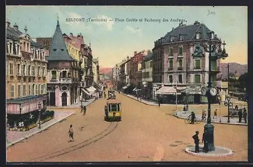 AK Belfort /Territoire, Place Corbin et Faubourg des Ancetres, Strassenbahn