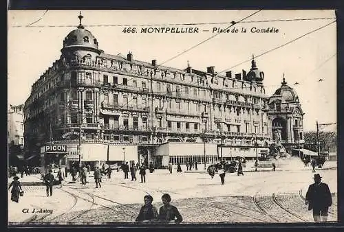 AK Montpellier, Place de la Comédie, Strassenbahn